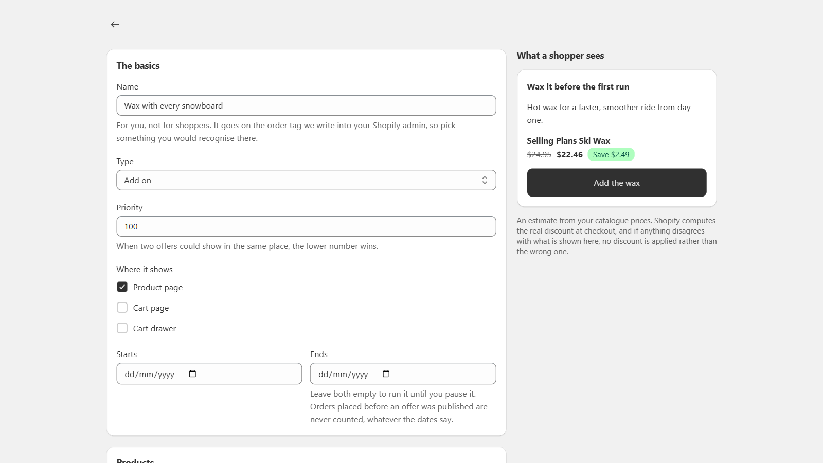 Actual FairRev builder selecting an Add on offer and Product page placement