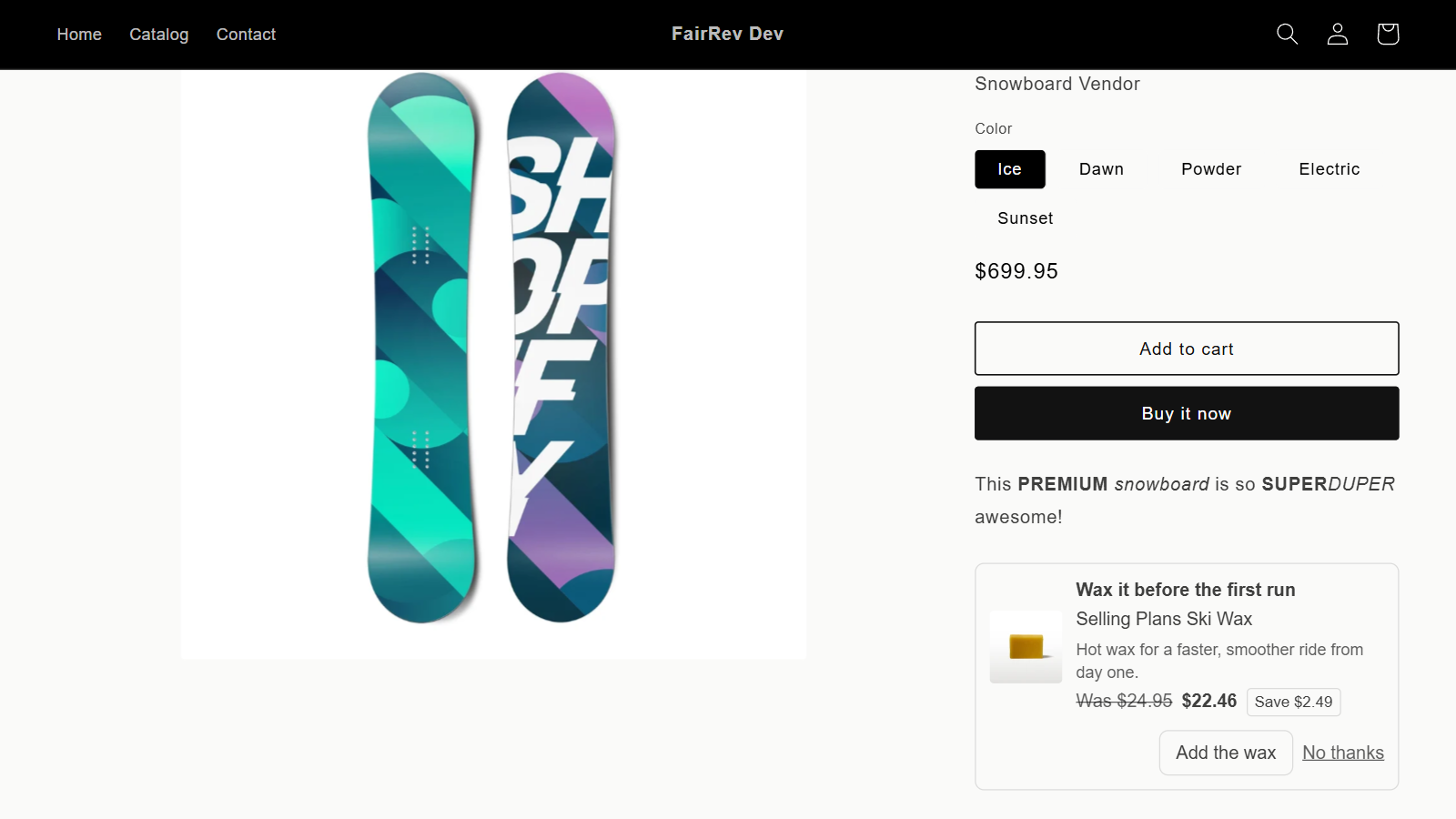 FairRev development store showing a ski wax add-on beneath a snowboard