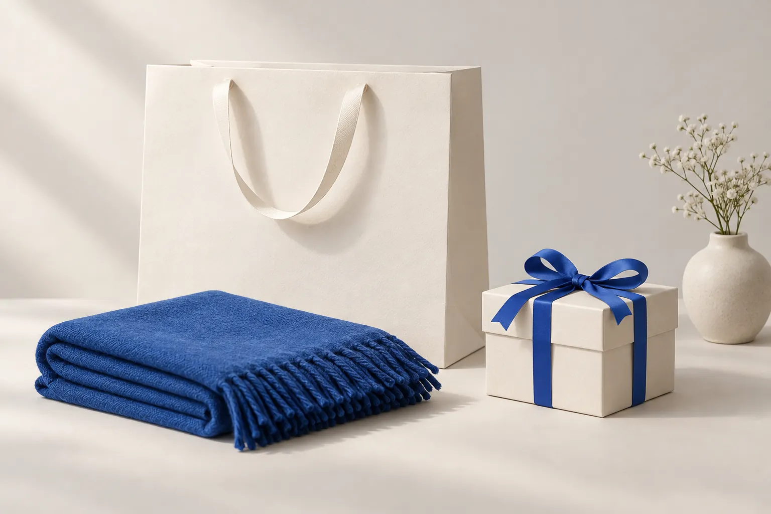 Shopping bag, blue textile and ribboned gift illustrating how to add a free gift with purchase on Shopify.