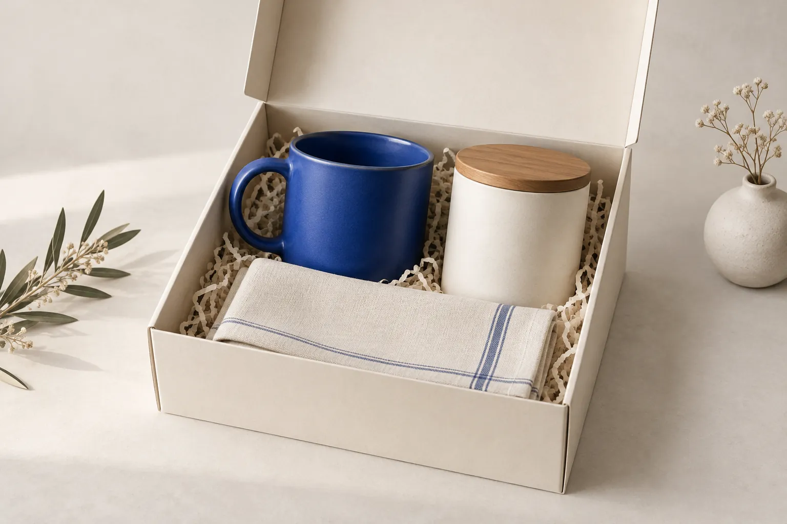 Mug, coffee canister and linen grouped in a box illustrating how to create product bundles on Shopify.