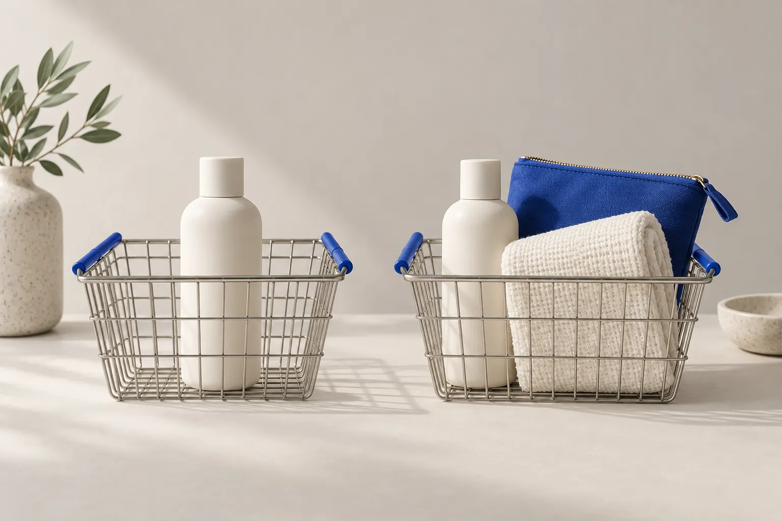 A single item basket beside a fuller basket of complementary products illustrating ways to increase AOV.