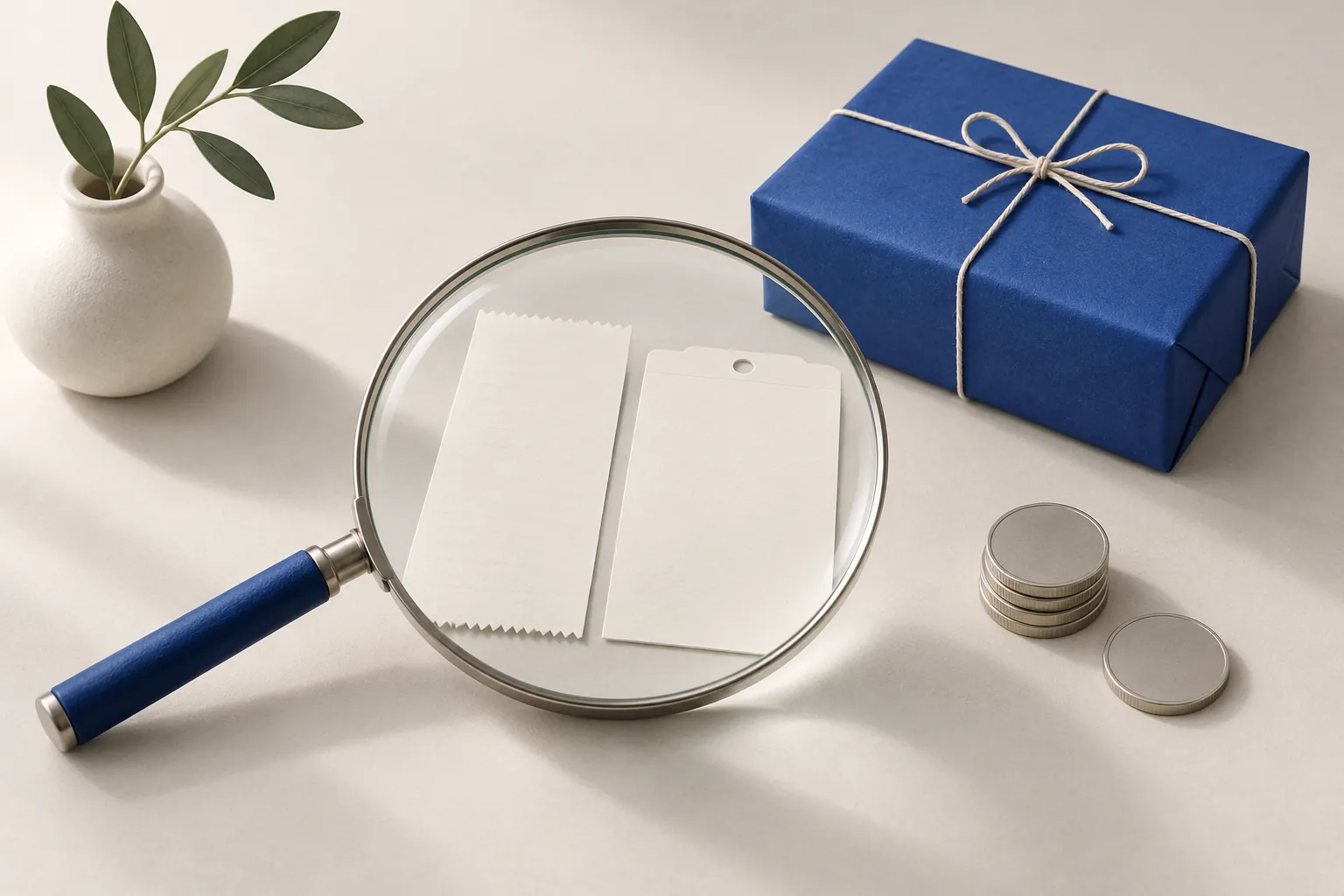 Blank order slips under a magnifying lens beside a parcel and plain coins for revenue verification.