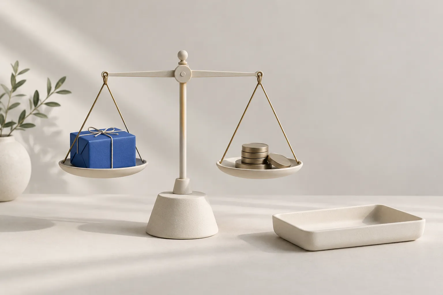 A parcel and plain coins balanced on a scale illustrating upsell app cost evaluation.