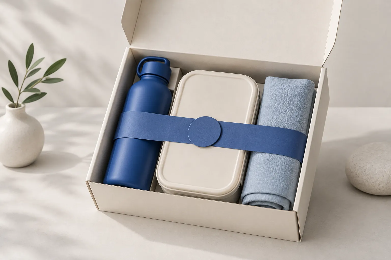 A bottle, lunch container and cloth grouped in a carton for a Shopify product bundle app guide.