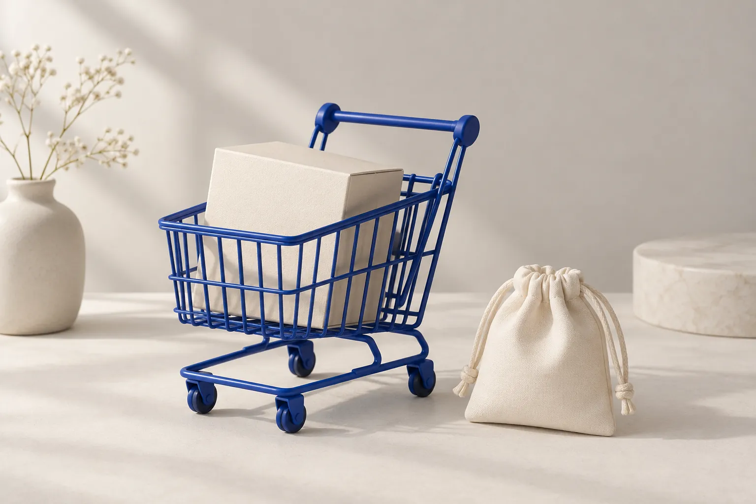 A blue shopping cart with a parcel and a separate accessory illustrating a Shopify cart upsell app guide.