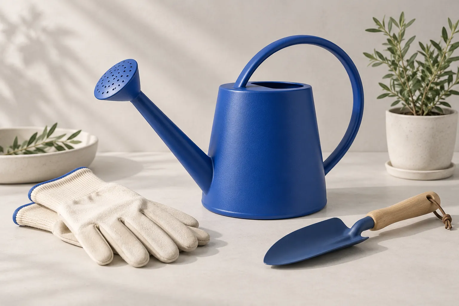A watering can with compatible gloves and a trowel illustrating a Shopify cross sell app guide.