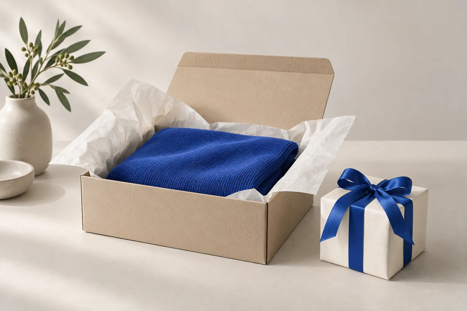 A blue textile purchase beside a ribboned gift illustrating free gift with purchase Shopify offers.
