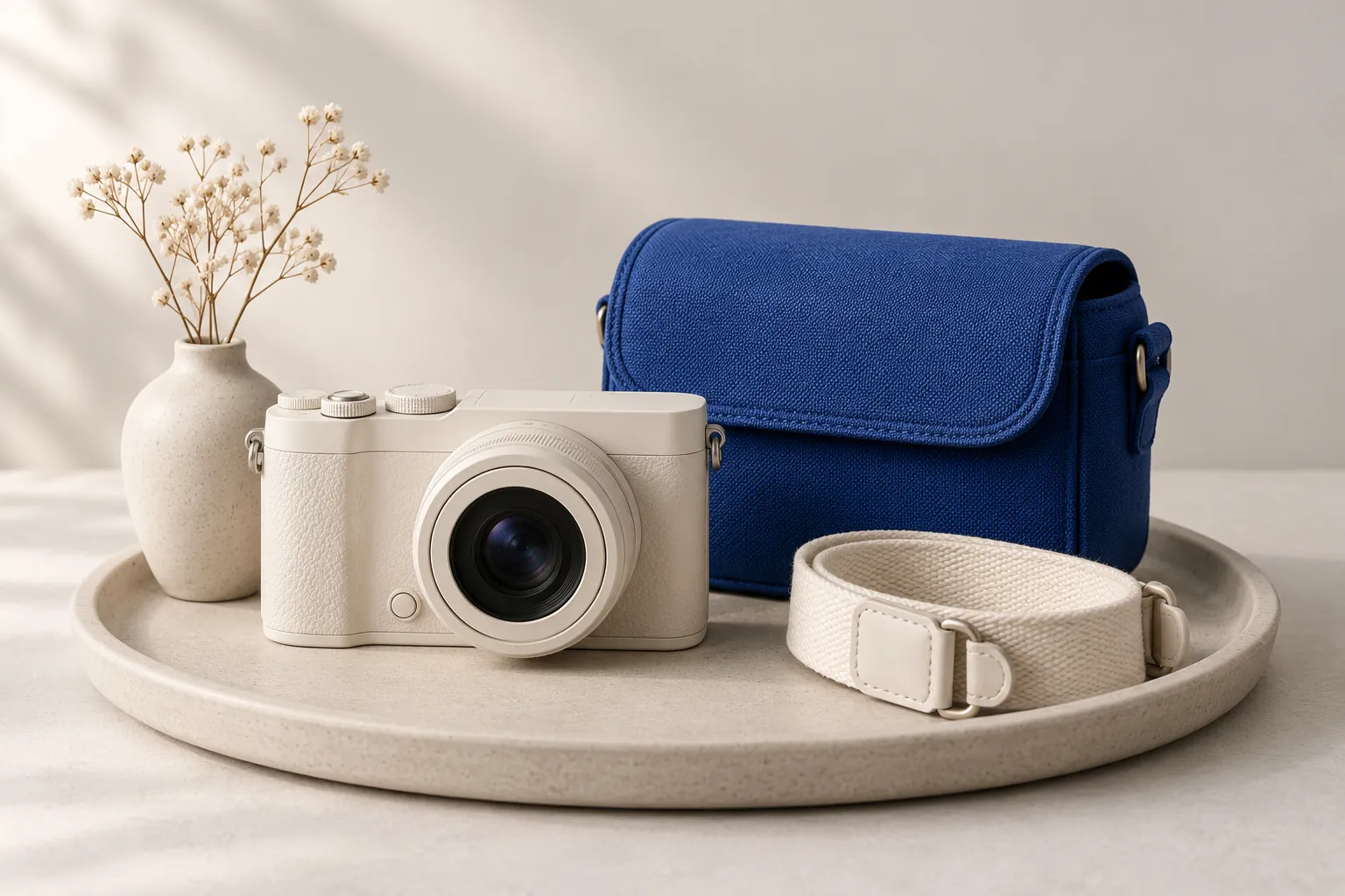 A camera with a matching case and strap illustrating a Shopify frequently bought together app guide.