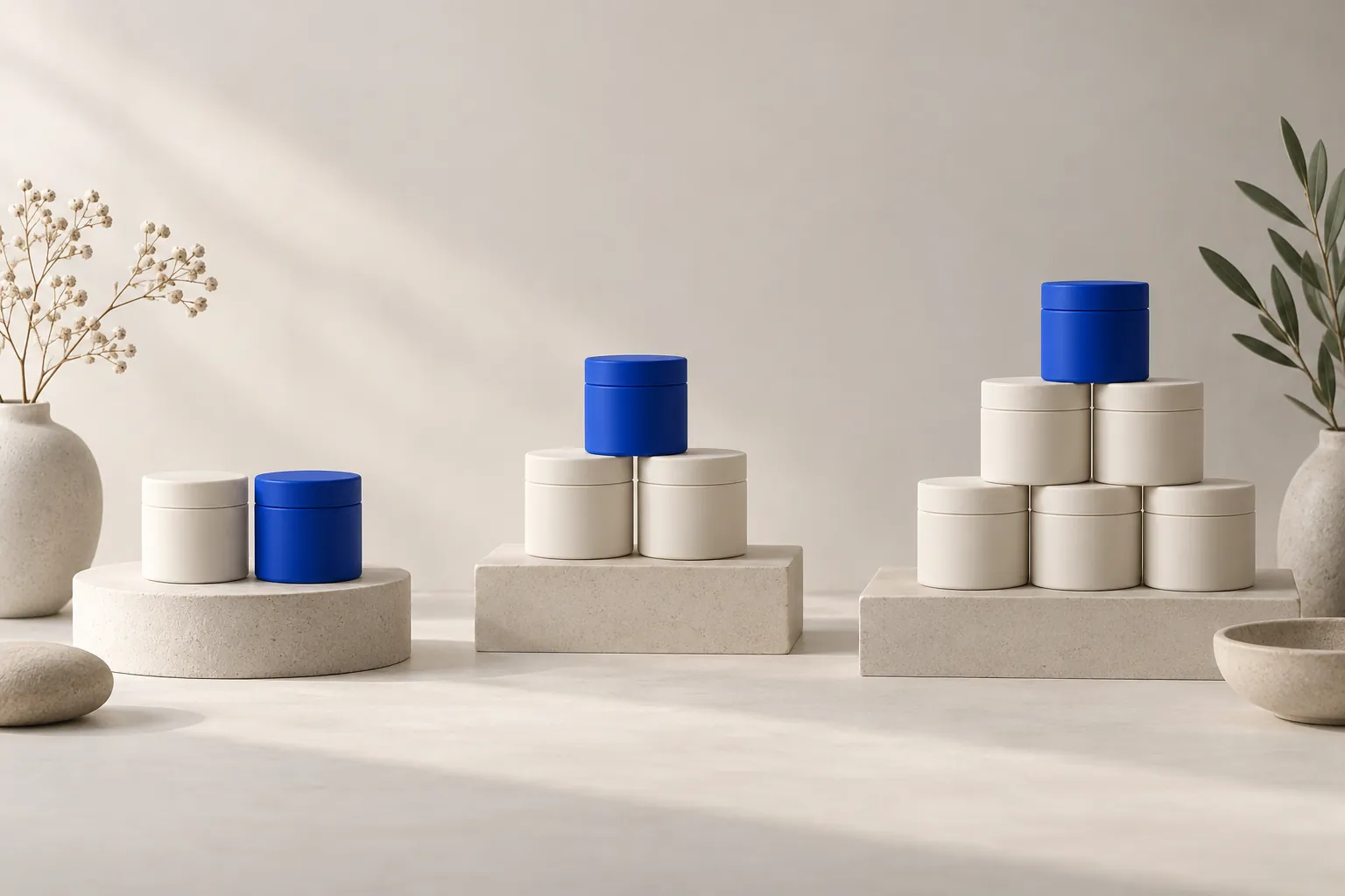 Increasing groups of matching product jars illustrating a Shopify volume discount app guide.